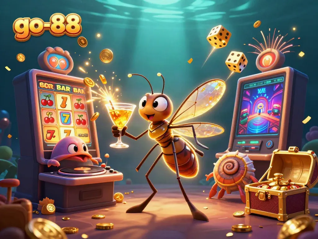 Experience thrilling gaming action at go-88 with a vibrant casino scene featuring exciting jackpots and lively characters.