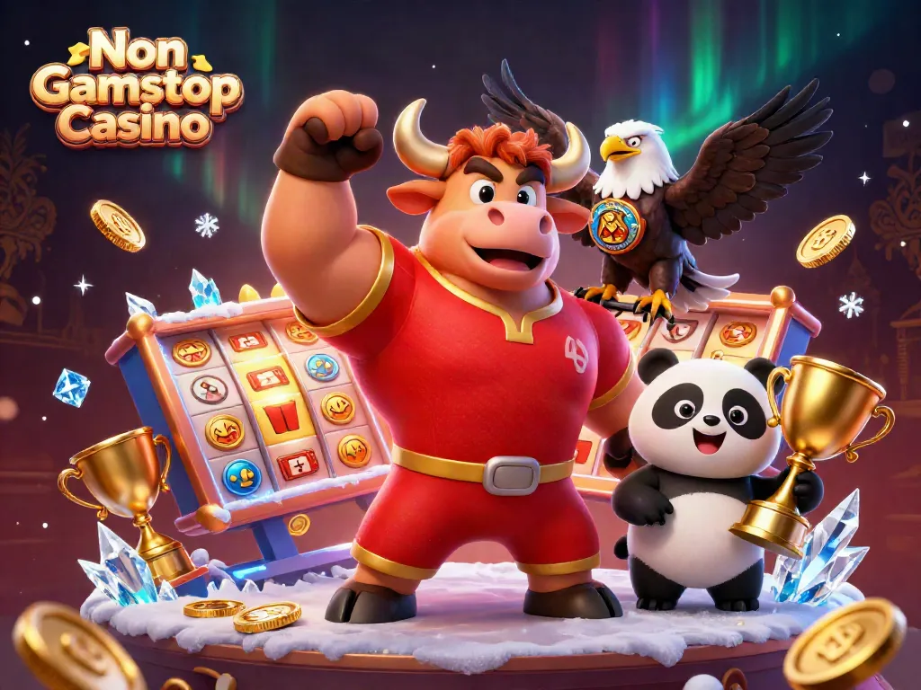 Experience the thrill of Non Gamstop Casino with a vibrant 3D scene featuring a bull mascot, eagle, and panda celebrating wins.