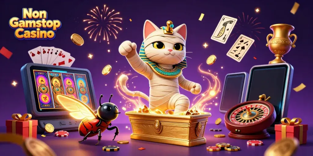 Experience exhilarating wins at a Non Gamstop Casino with our captivating 3D illustration of a mummy cat in a rich casino setting.