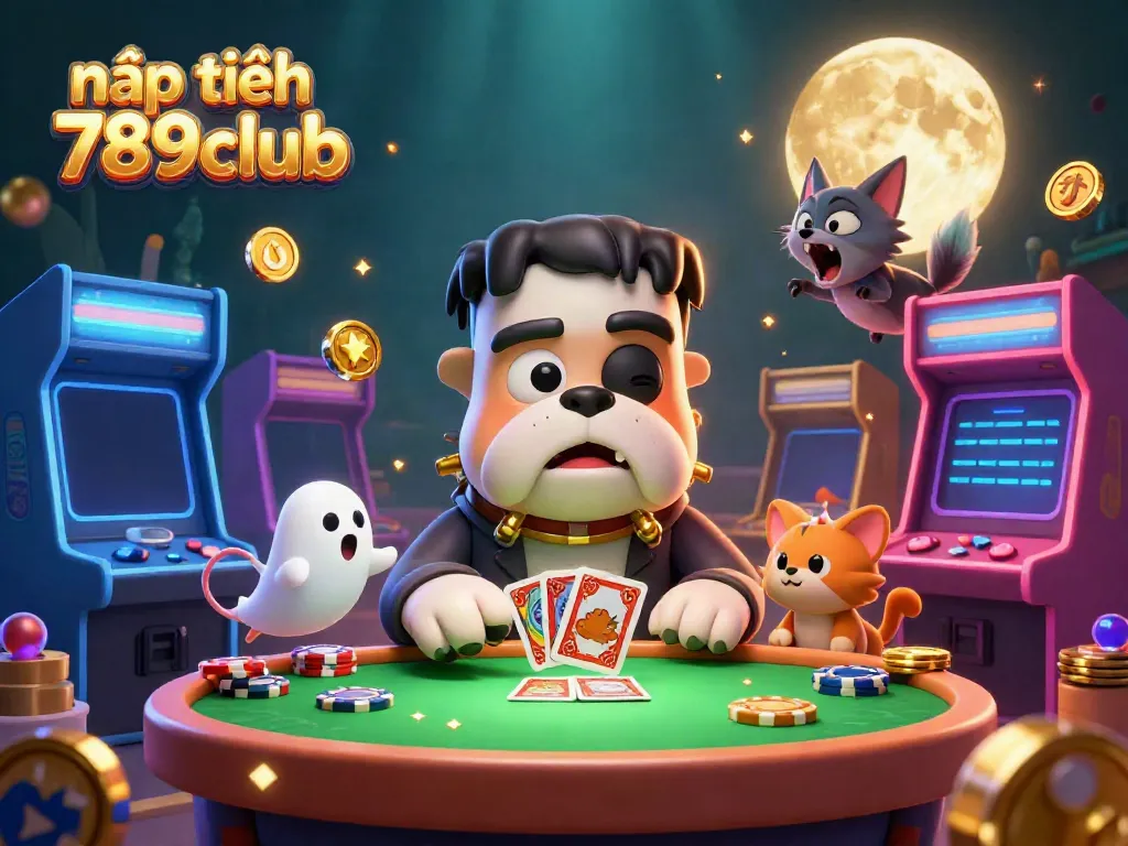 Engage with nạp tiền 789club, featuring a Frankenstein bulldog dealing cards with a vibrant casino atmosphere.