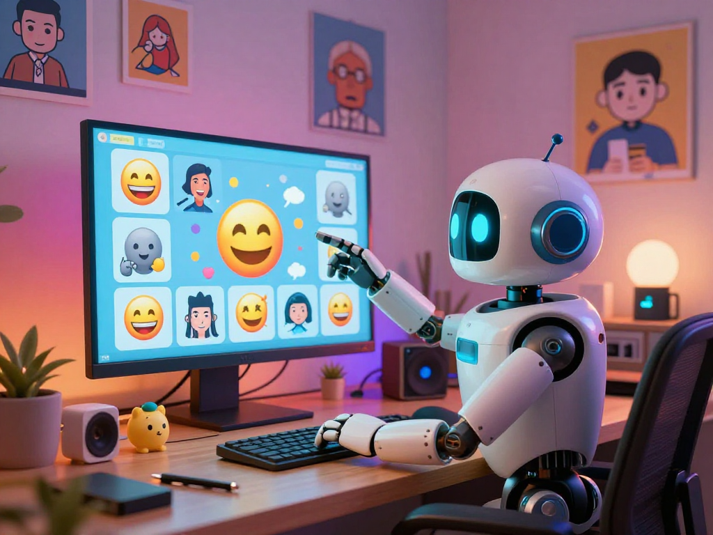 Engaging representation of NSFW AI humor with a friendly robot interacting with playful adult-themed digital items.