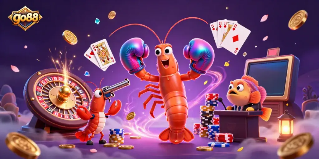 Win big with go88: A vibrant cartoon scene featuring casino elements and lively characters.