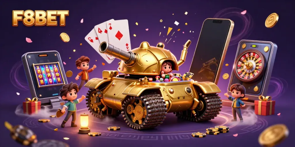 Experience F8BET's colorful casino adventure with a massive golden beetle tank and exciting game elements.