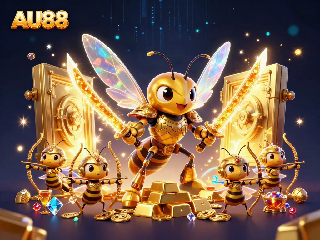 Engage with AU88's thrilling casino experience featuring a golden hornet samurai and treasures.