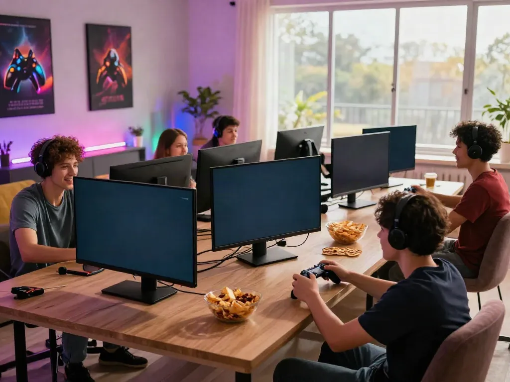 Gaming enthusiasts enjoying a lively session at https://gem88.jpn.com/ with vibrant decor and snacks.