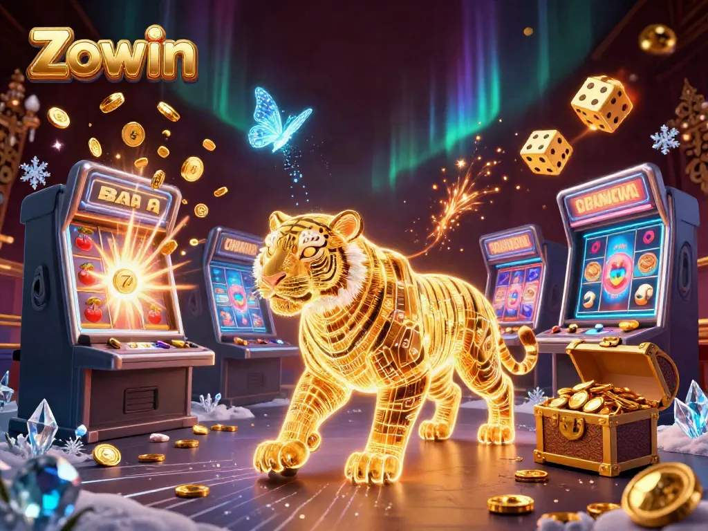 Zowin offers thrilling casino games, featuring a golden tiger and colorful jackpots in a vibrant digital setting.