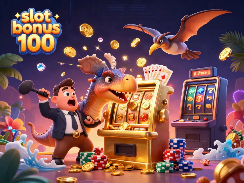 Experience the thrilling action of the slot bonus 100 with animated characters winning jackpots in a vibrant casino scene.
