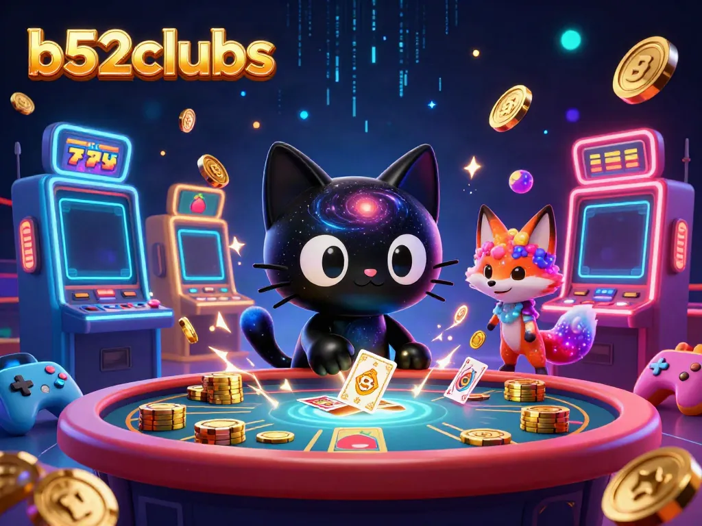 Watch as b52clubs' cosmic casino comes alive with a whimsical black hole cat and a nebula fox, surrounded by vibrant slot machines.