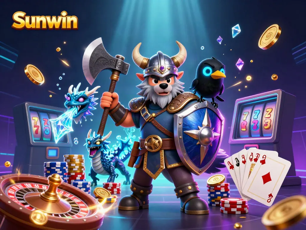 Experience thrilling games with Sunwin featuring a Viking wolf warrior, dragon, and vibrant casino elements.