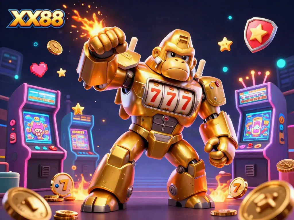 Experience the thrill of casino gaming with XX88 in this vibrant 3D illustration of a golden gorilla mech.