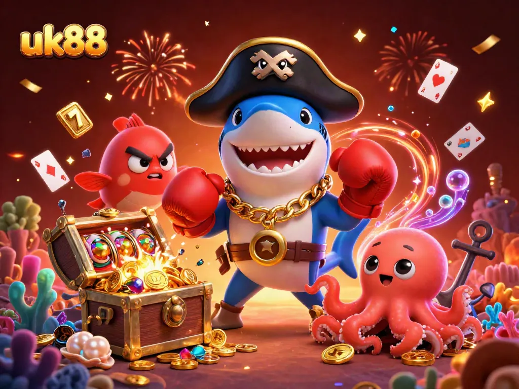 Engage with uk88's vibrant underwater casino world featuring an adventurous pirate shark and friends.