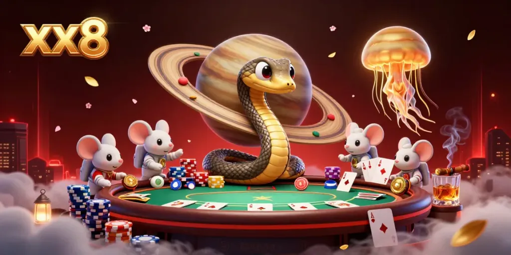 Experience high-stakes action at xx8 casino with vibrant poker scenes featuring animated characters.