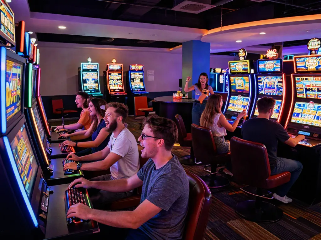 Exciting gaming lounge atmosphere showcasing players at a casino not on GamStop with colorful slot machines.