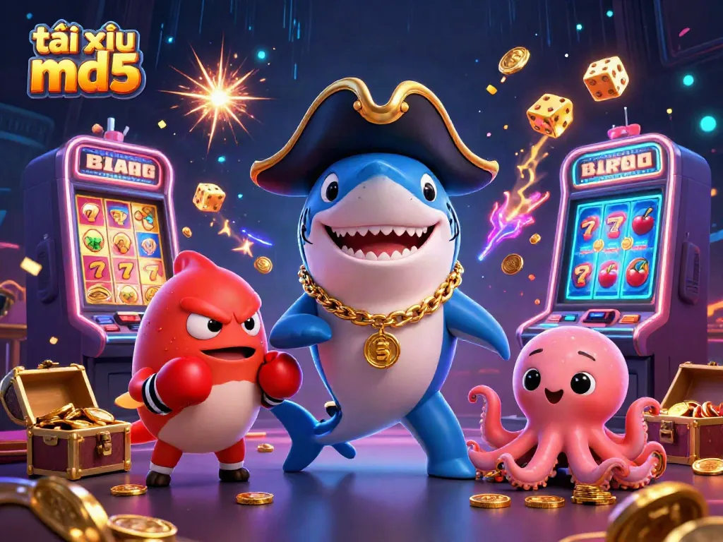 Experience the excitement of tài xỉu md5 with a vibrant 3D scene featuring casino elements and playful characters.