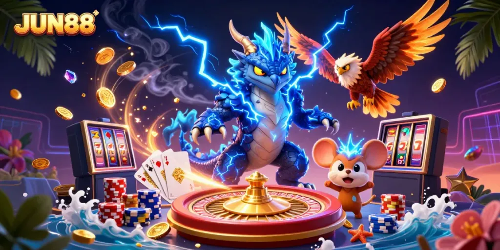 Win with JUN88 at top online casino featuring dynamic 3D characters and vibrant game elements.