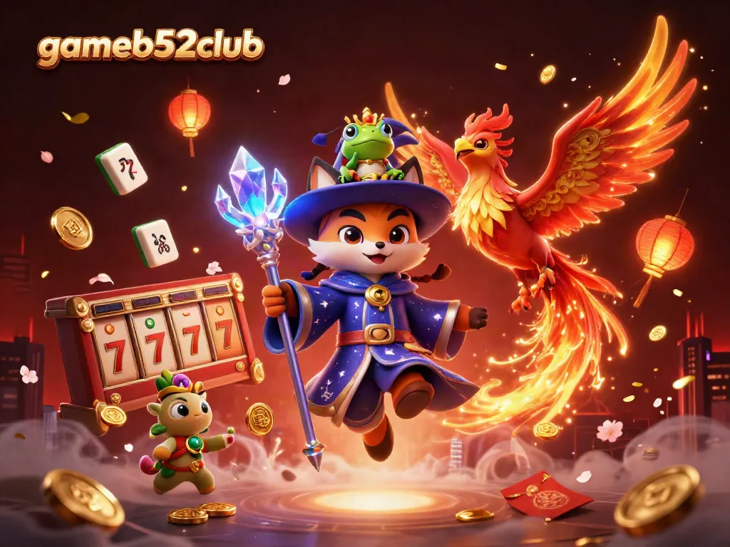 Join the fun at gameb52club with a magical scene featuring a wizard, phoenix, and jackpot action.