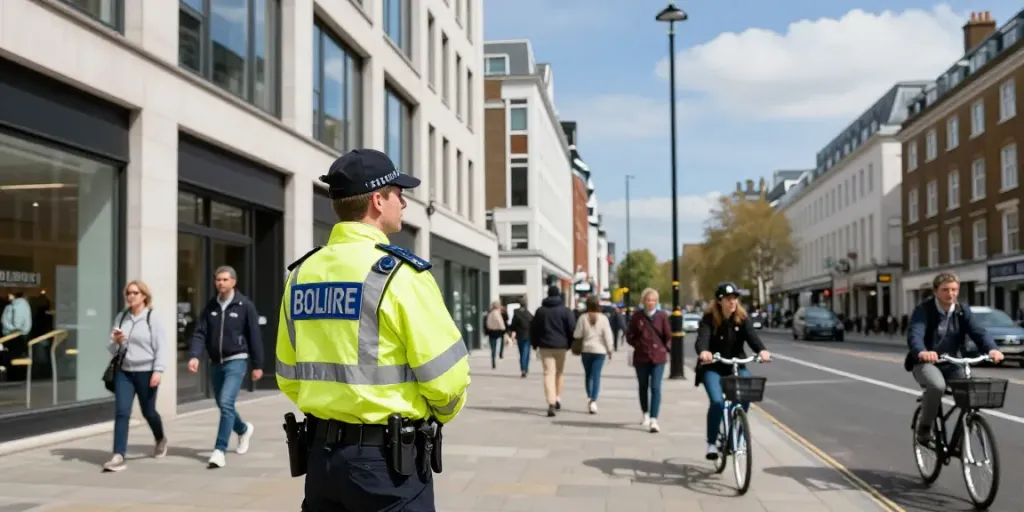 Security guard monitoring a busy London street to ensure safety and professional service.