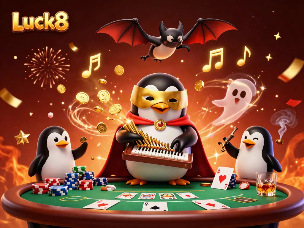 Experience excitement at Luck8 with a penguin organist, poker elements, and dynamic casino atmosphere.