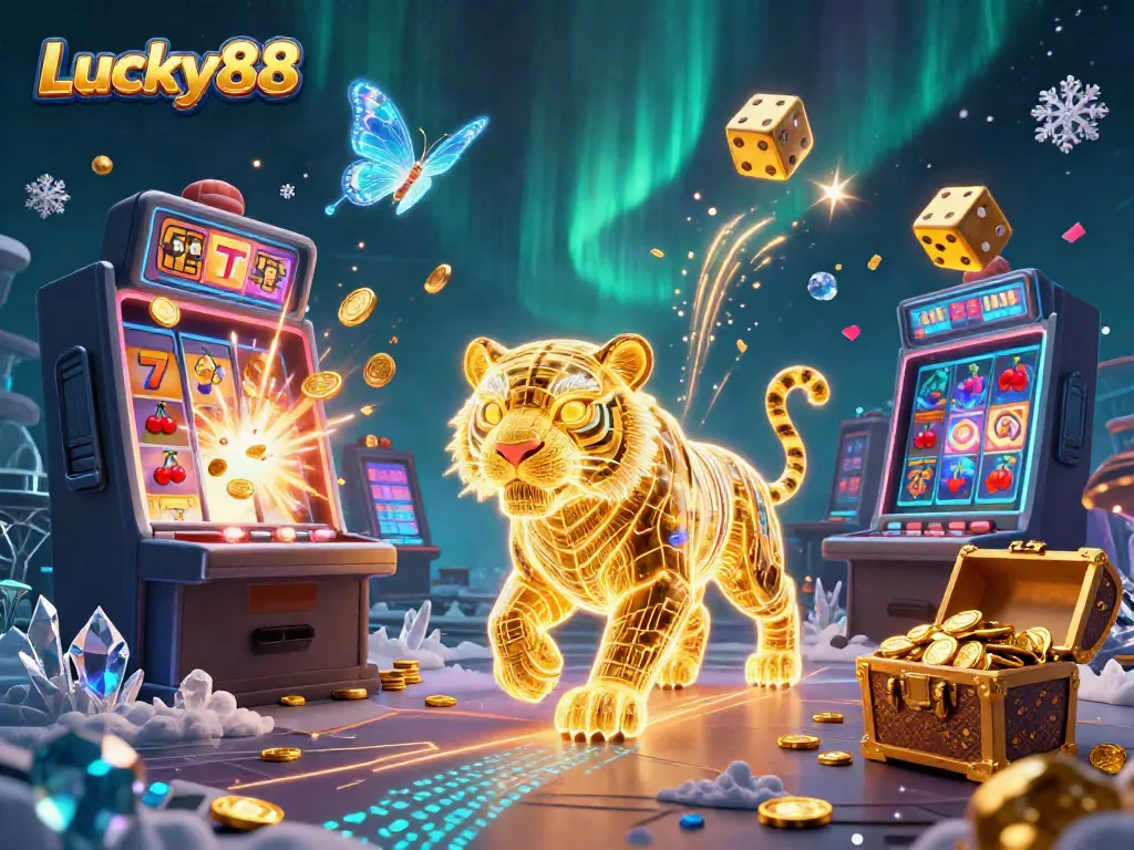 Lucky88’s golden tiger and holographic butterflies illuminating a vibrant digital casino scene.