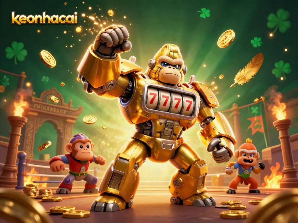 Place bets with keonhacai while the golden gorilla mech triumphantly punches upward, spilling coins.