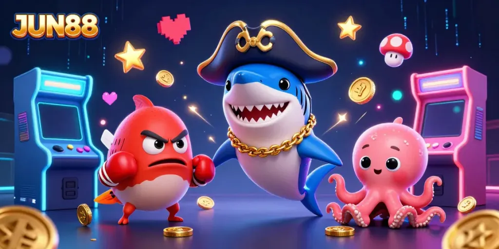Dynamic JUN88 casino scene featuring a pirate shark, pufferfish, and octopus with gaming elements.