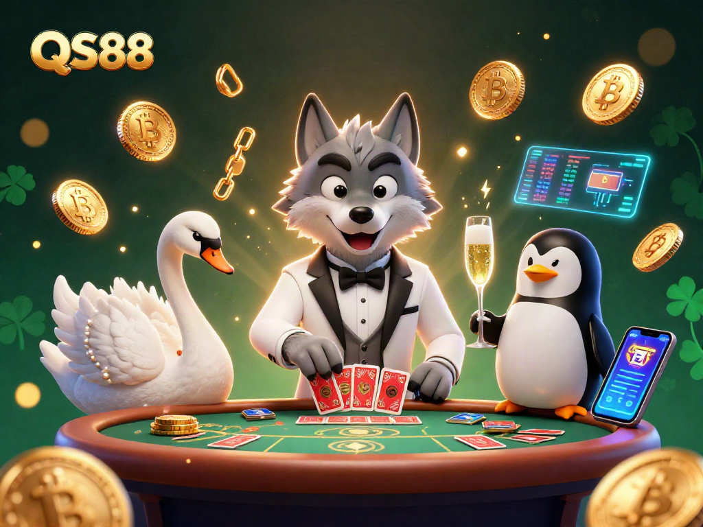 Play exciting baccarat with QS88 at this vibrant casino illustration showcasing wolf, swan, and penguin characters.