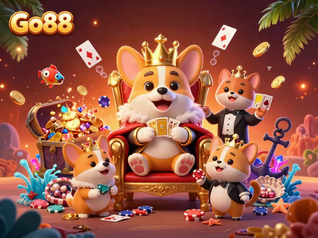 Join the fun at Go88 with a royal corgi king amidst vibrant casino treasures and playful cards.