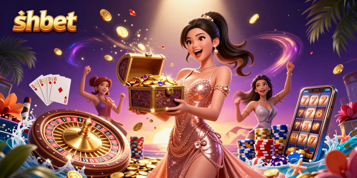 Engage with shbet's vibrant casino scene featuring a treasure chest overflowing with coins and gems.