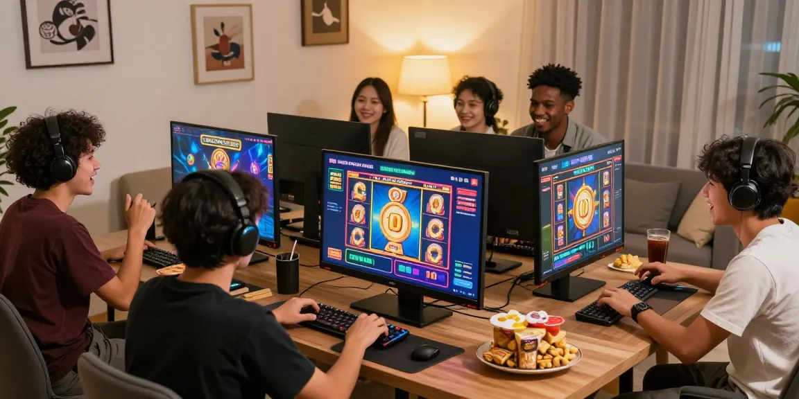 Exciting gaming scene representing situs slot deposit 10 ribu with players enjoying online slots in a cozy atmosphere.