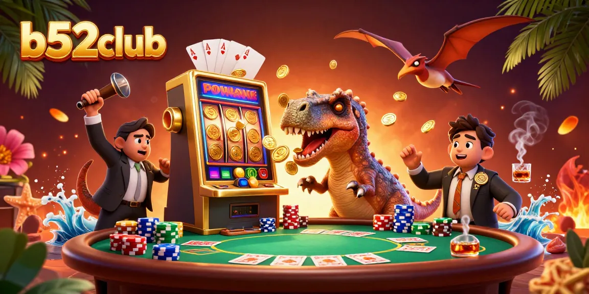 Witness b52club's thrilling jackpot moments with dinosaurs in a vibrant casino setting!