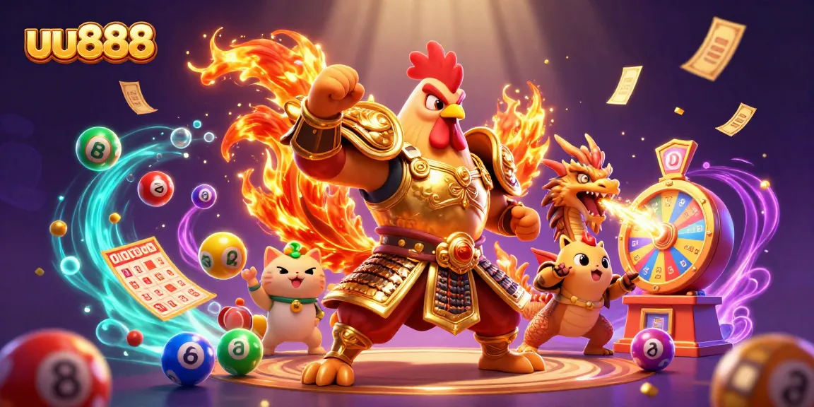 uu888 gaming adventure featuring a rooster warrior and dragon hatchling amid vibrant casino icons.