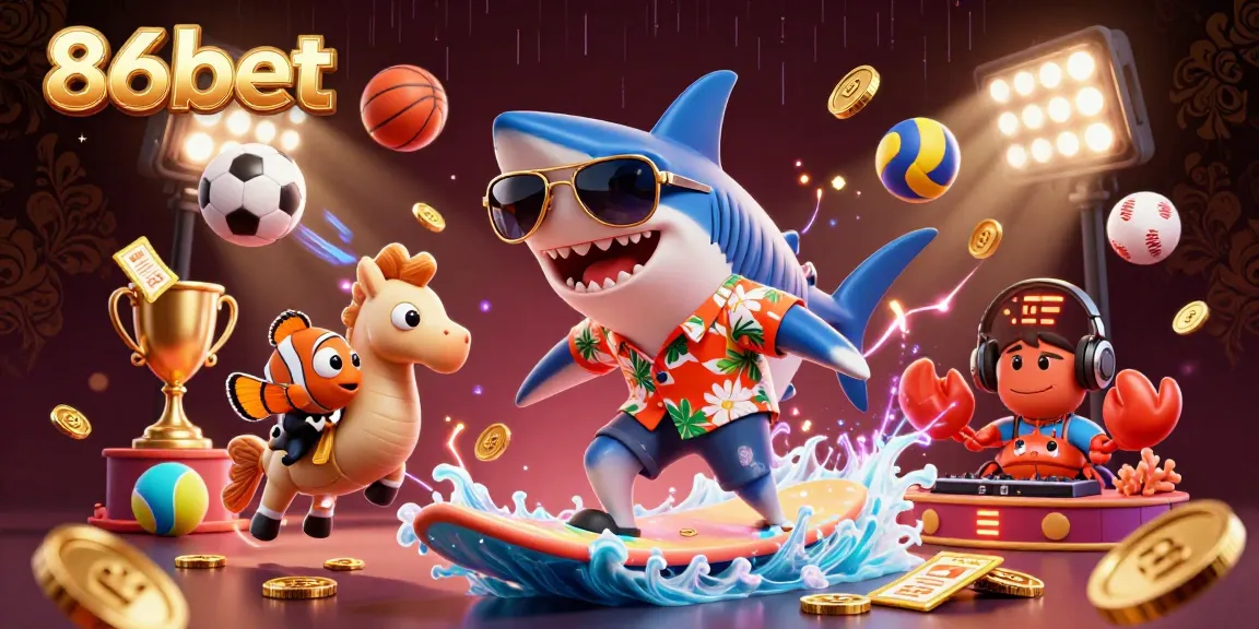 Engage with exciting games at 86bet while a shark rides coins and a crab DJ glows.