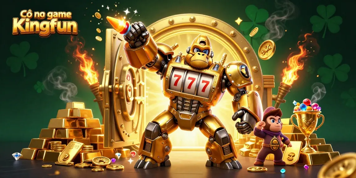 Cổng game Kingfun features an explosive scene with a golden gorilla mech surrounded by treasures and jackpot excitement.