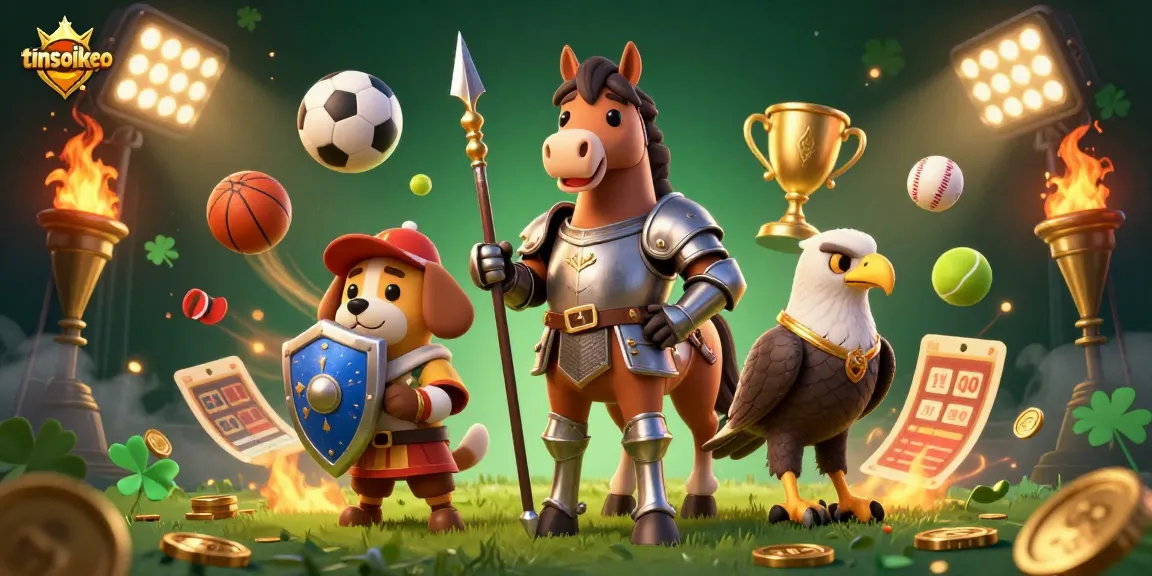 Bet on tinsoikeo's thrilling sports action with a knight and puppy in a vibrant casino scene.