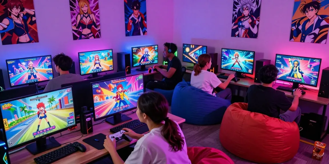 Friends enjoying gay hentai games on colorful screens with vivid characters in an energetic gaming room