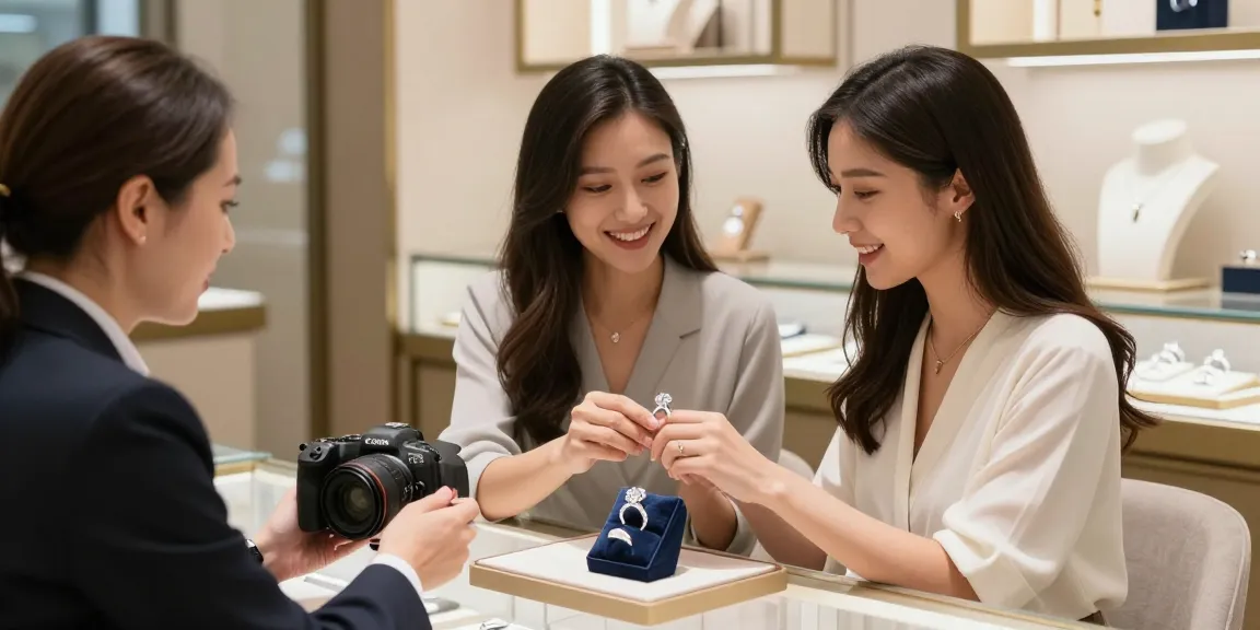 Choosing an engagement ring for women in an elegant jewelry shop with expert guidance.