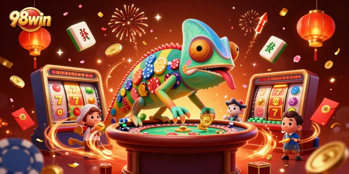 Engage with 98win's vibrant casino atmosphere featuring a chameleon owner and dynamic slot elements.