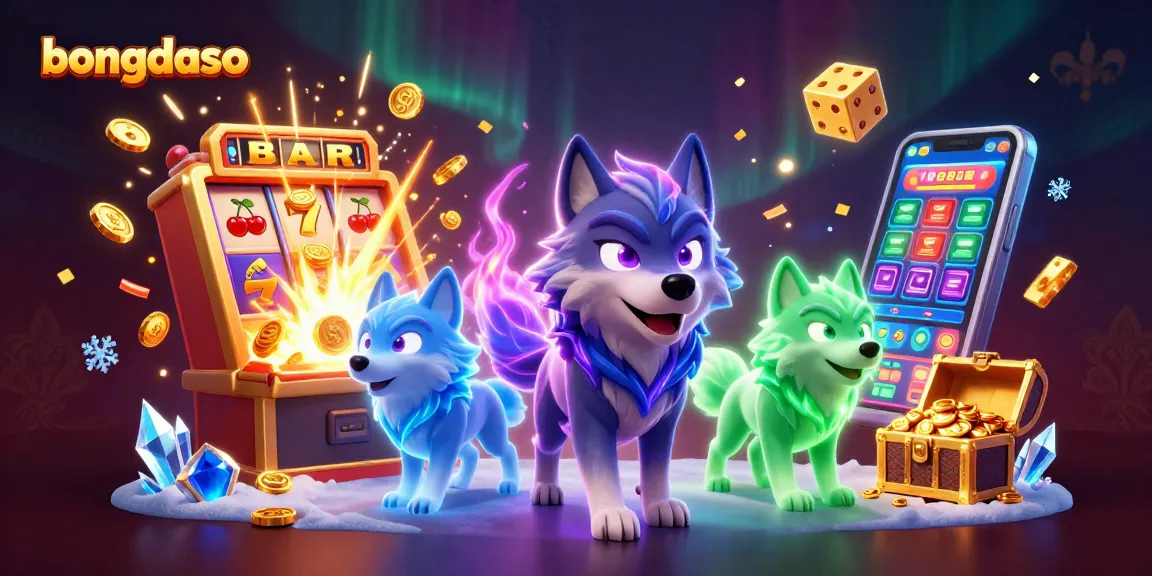 Bongdaso showcases thrilling casino excitement with cartoon wolves, slot machines, and colorful game elements.