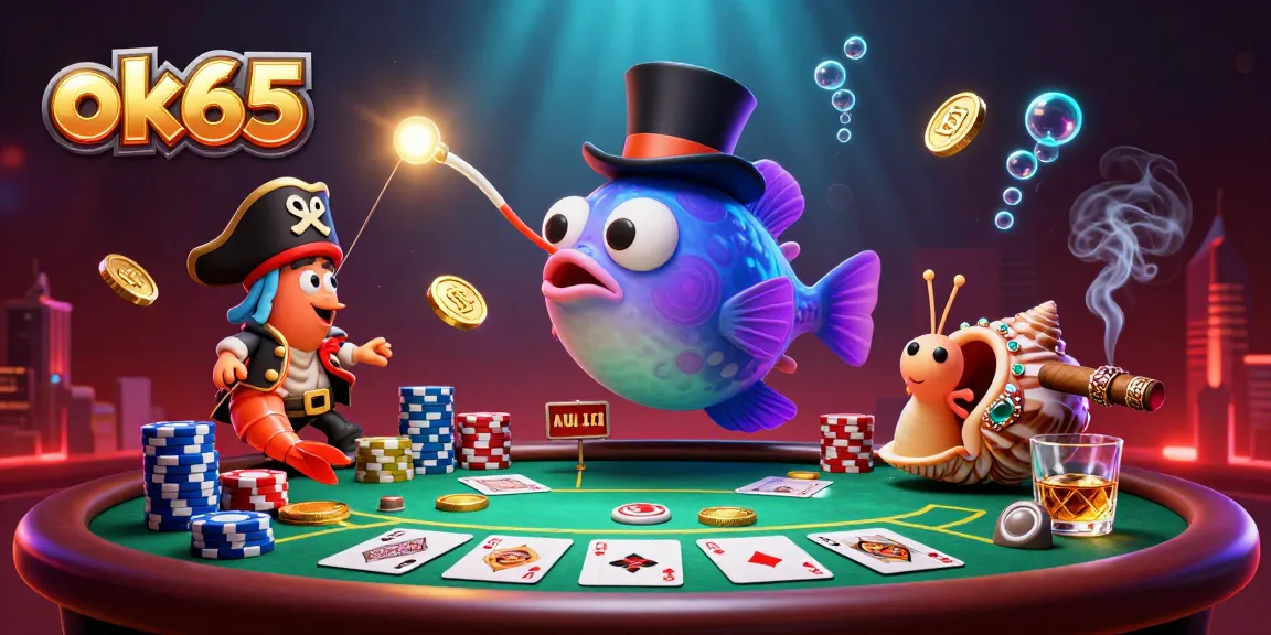 Engage with the ok65 casino scene, showcasing an anglerfish and pirate shrimp attracting coins amidst poker elements.