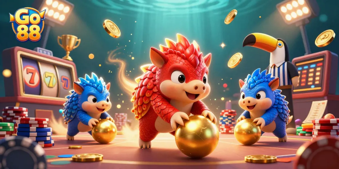 Engage in action with Go 88's dynamic casino elements, featuring pangolins rolling golden balls amidst slot reels and confetti.