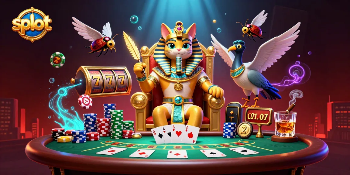 Spin the slot reels with Egyptian pharaoh cat and vibrant casino elements in dynamic chaos.