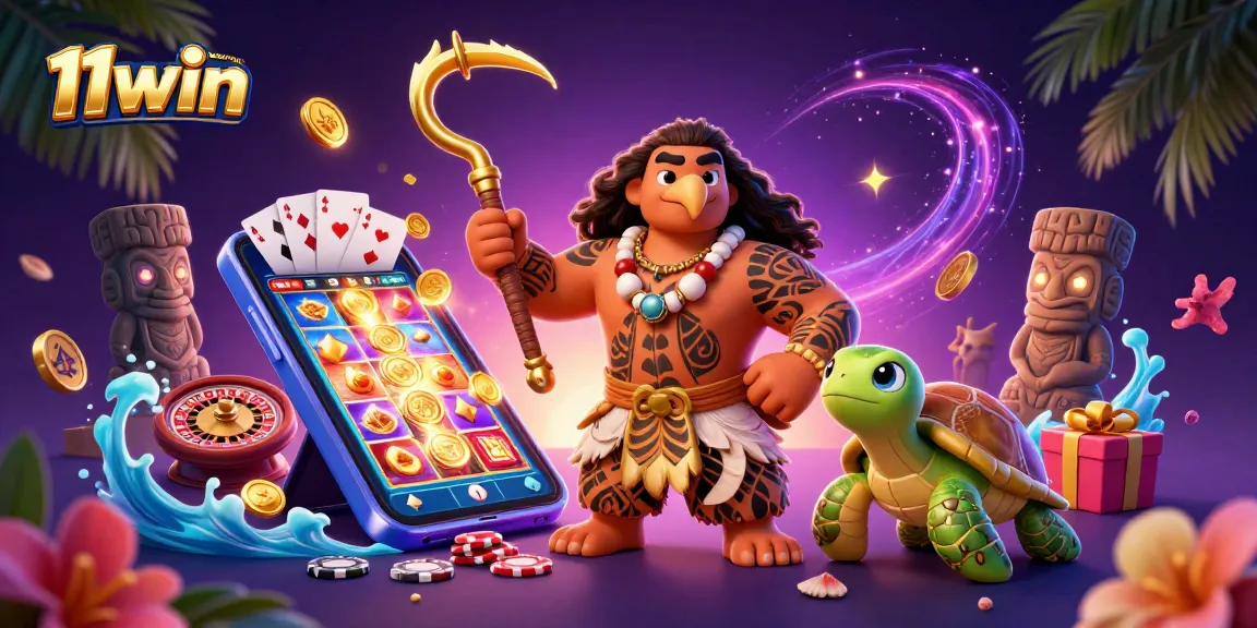 Engage with 11win's vibrant casino scene featuring a Polynesian demigod and casino games.