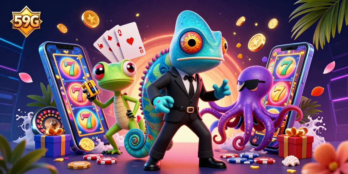Experience thrilling gameplay with 59G, featuring vibrant characters and slot game elements in a dynamic casino scene.