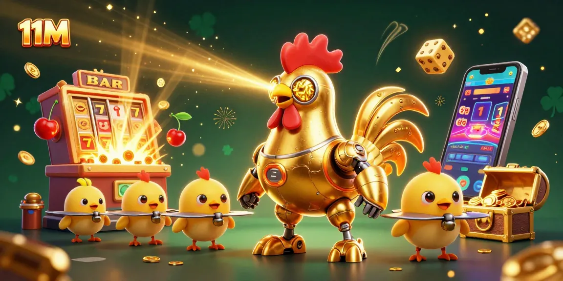 Engage in thrilling slots at 11M casino with vibrant characters and a jackpot explosion scene