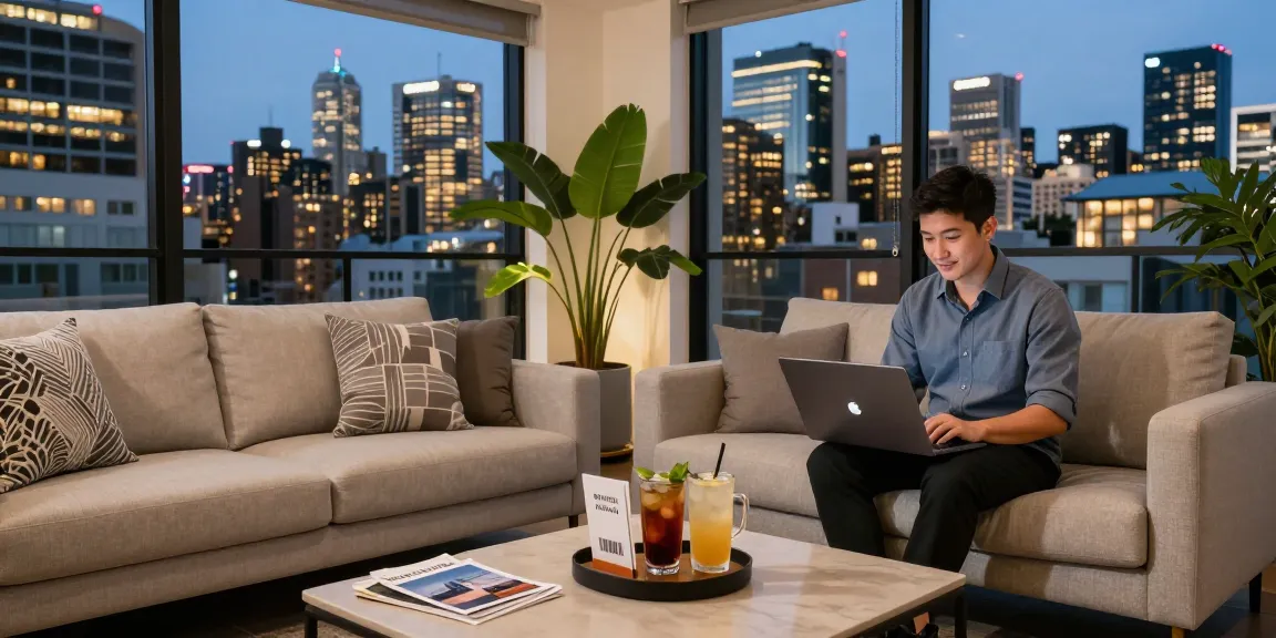 Sydney short-term rental management in a stylish urban apartment, featuring a professional host and vibrant city views.