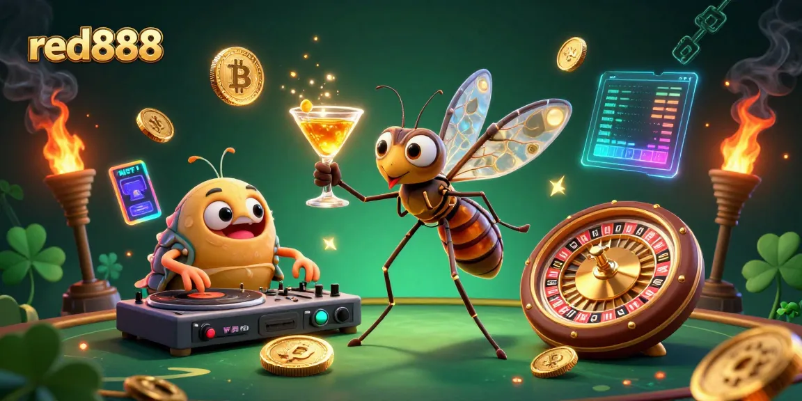 Experience the vibrant red888 casino world with a lively mosquito mascot and trilobite DJ.