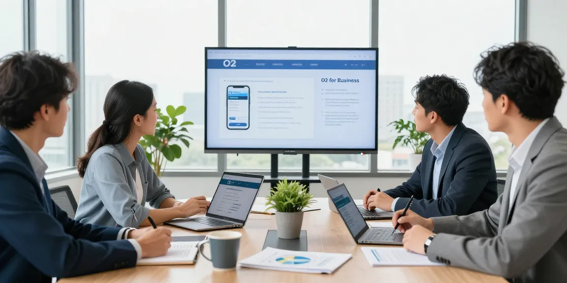 Team collaborating on O2 for business login in a modern office space, showcasing laptops and engagement.