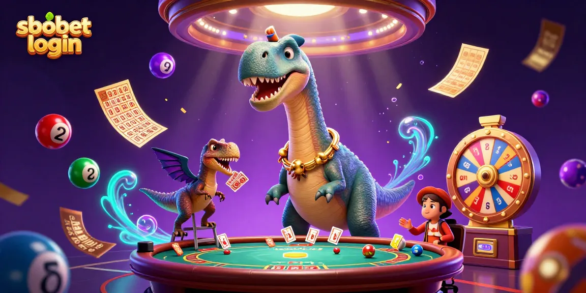 Engage with sbobet login at a vibrant casino scene, showcasing dynamic lottery and card elements.