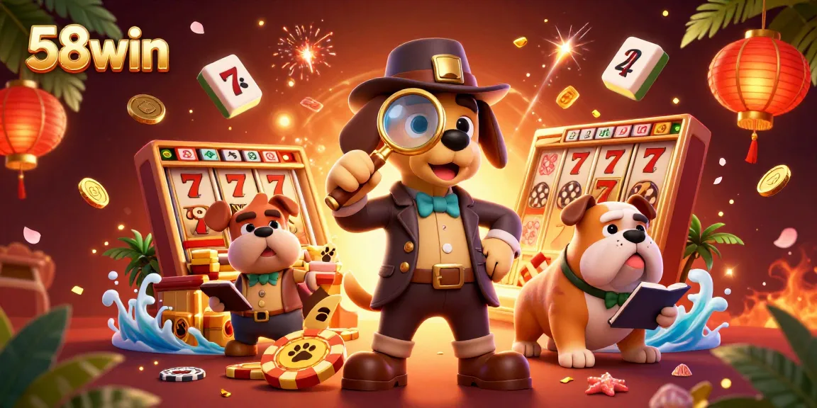 Engage with the thrilling 58win casino world featuring characters exploring game clues amidst vibrant elements.