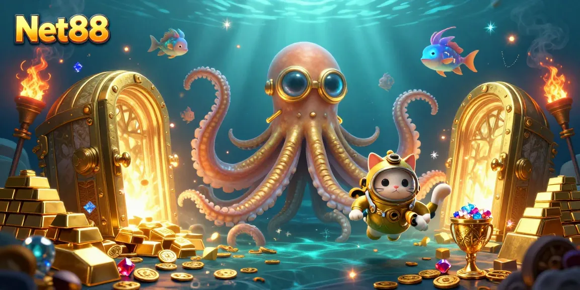 Experience thrilling underwater adventures with Net88 featuring a golden kraken and diving cat.